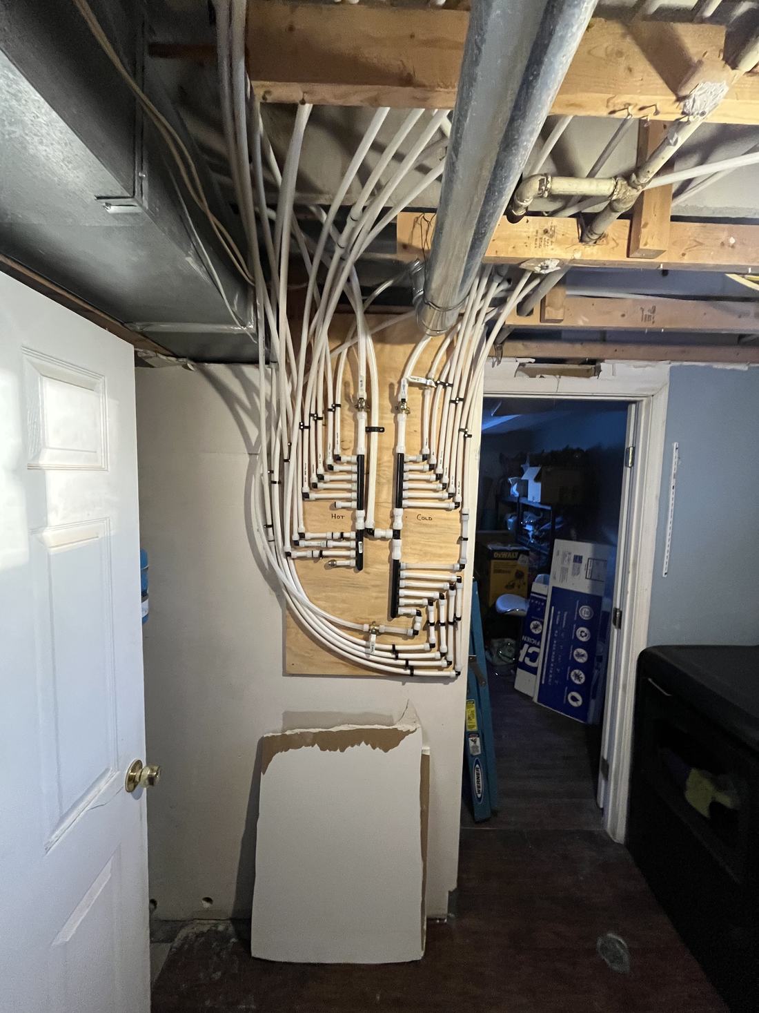 Neatly routed panel wiring in a basement